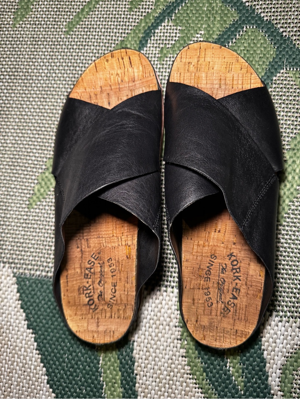 Kork-Ease Tutsi Sz-9 Black Leather Cross-Band Cork Slide Mules Pre-owned